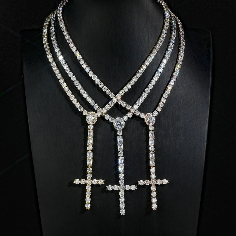 Iced Out Cross Pendant Tennis Chain Necklace — Copper Alloy