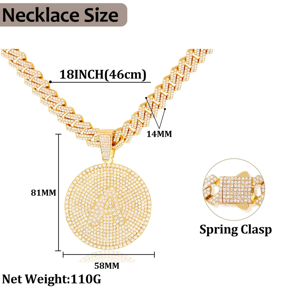 Men Initial Name Pendant Necklace with Hip Hop Iced Out Rhinestone Paved Cuban Link Chain Necklace Fashion Birthday