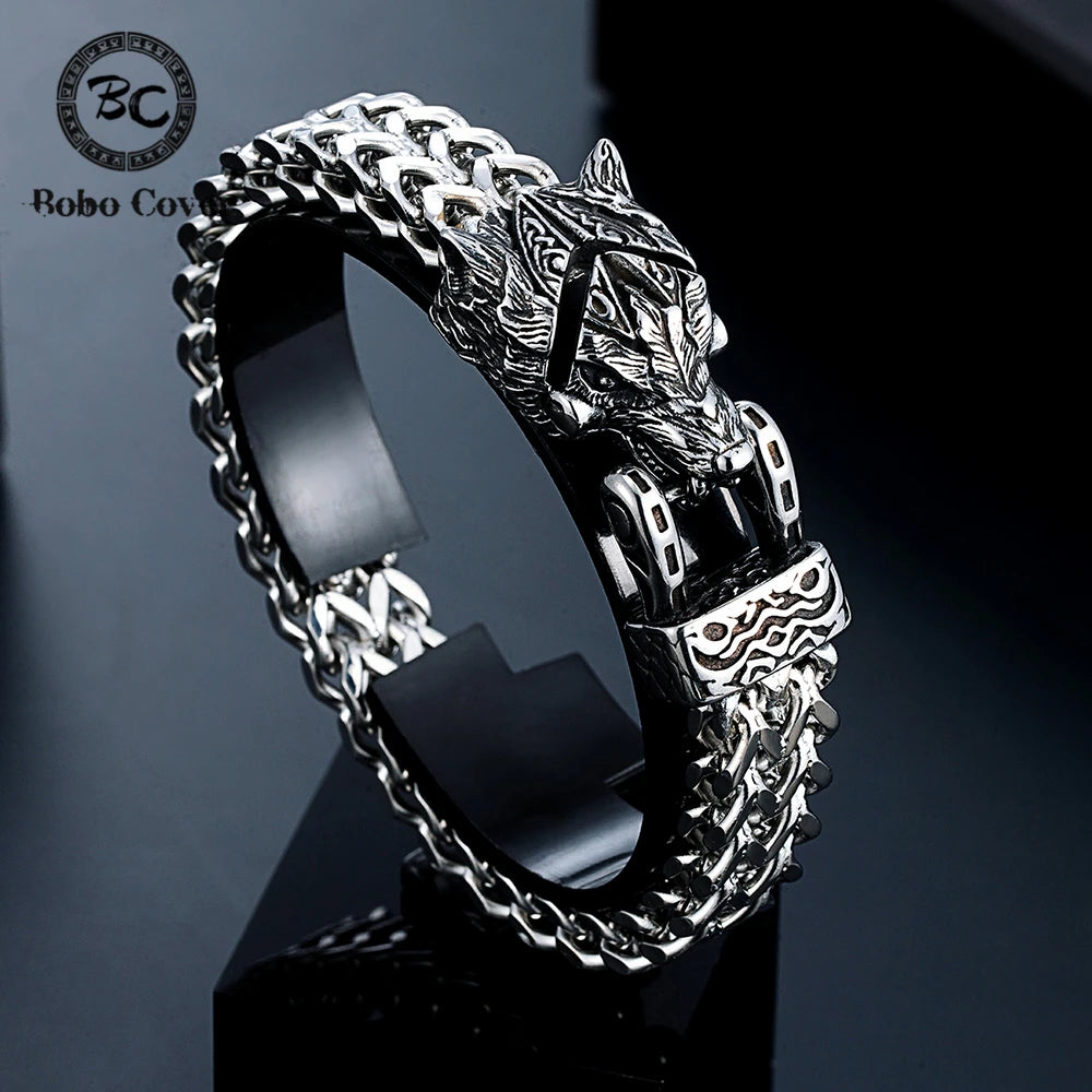 Retro Vikings Bear Norse Wolf Bracelets Men Punk Stainless Steel Mesh Chain Snake Eagle Animal Biker Wristband