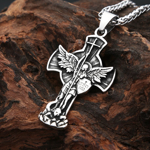 Michael Angel Archangel Wing Cross Stainless Steel Pendant Necklace