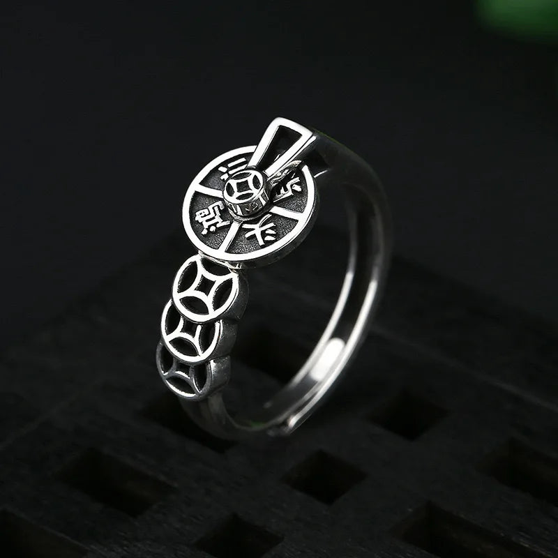 New Vintage Antique Coin Ring with Rotating Compass Design Open Adjustable Ring for Good Fortune Jewelry