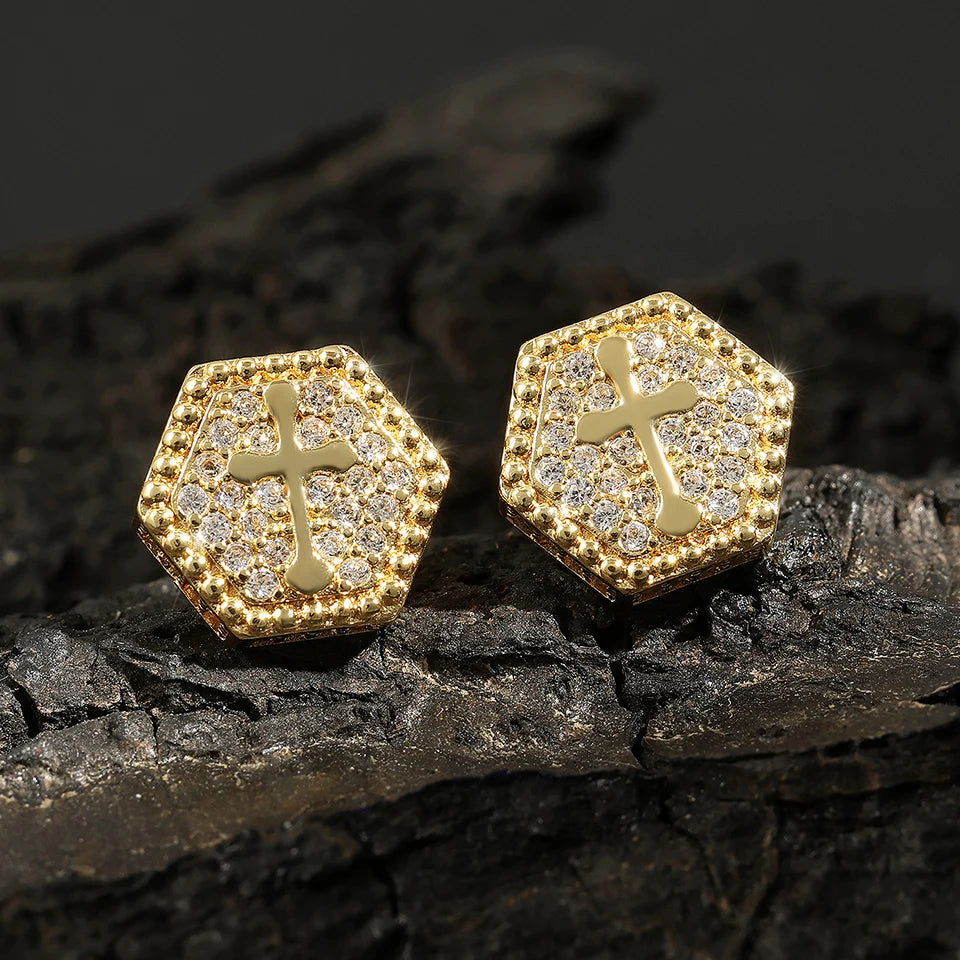 Iced Out Square Stud Earrings for Men — Gold-Tone Piercing Studs