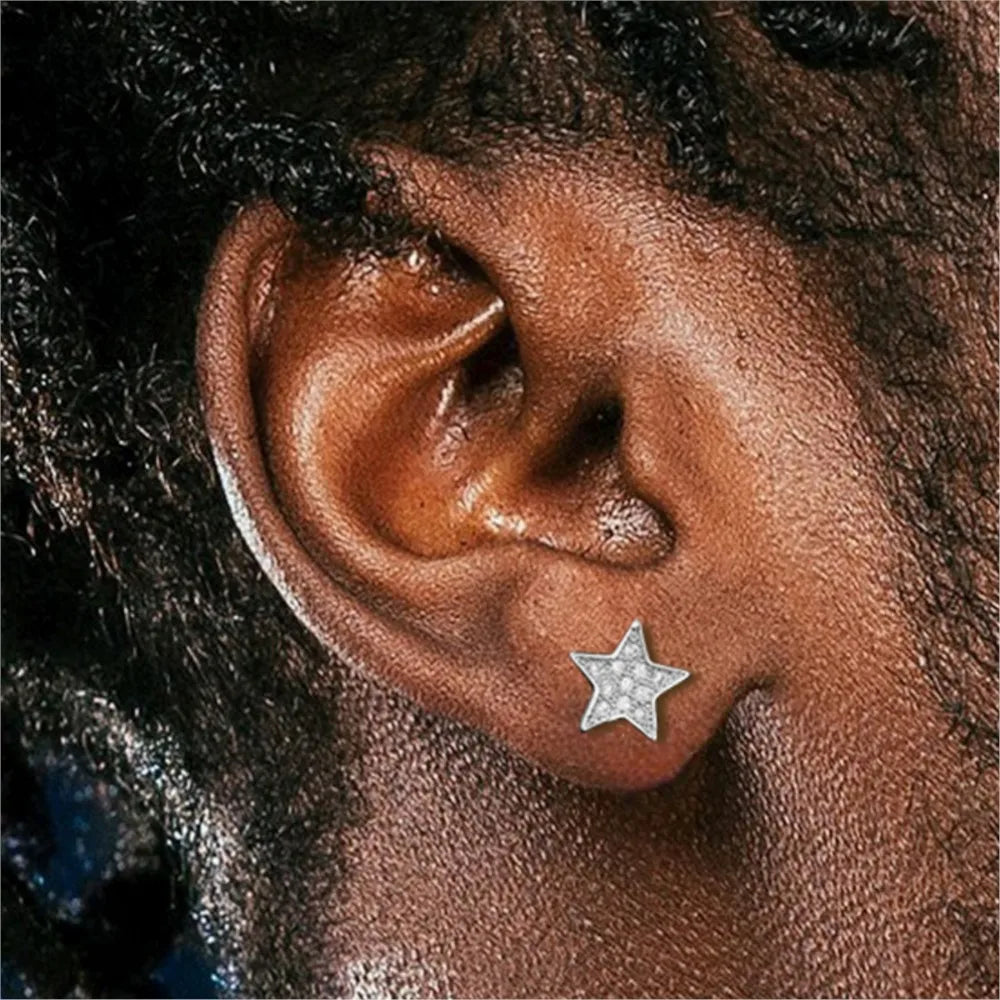Iced Out Star Stud Earrings Stainless Steel CZ
