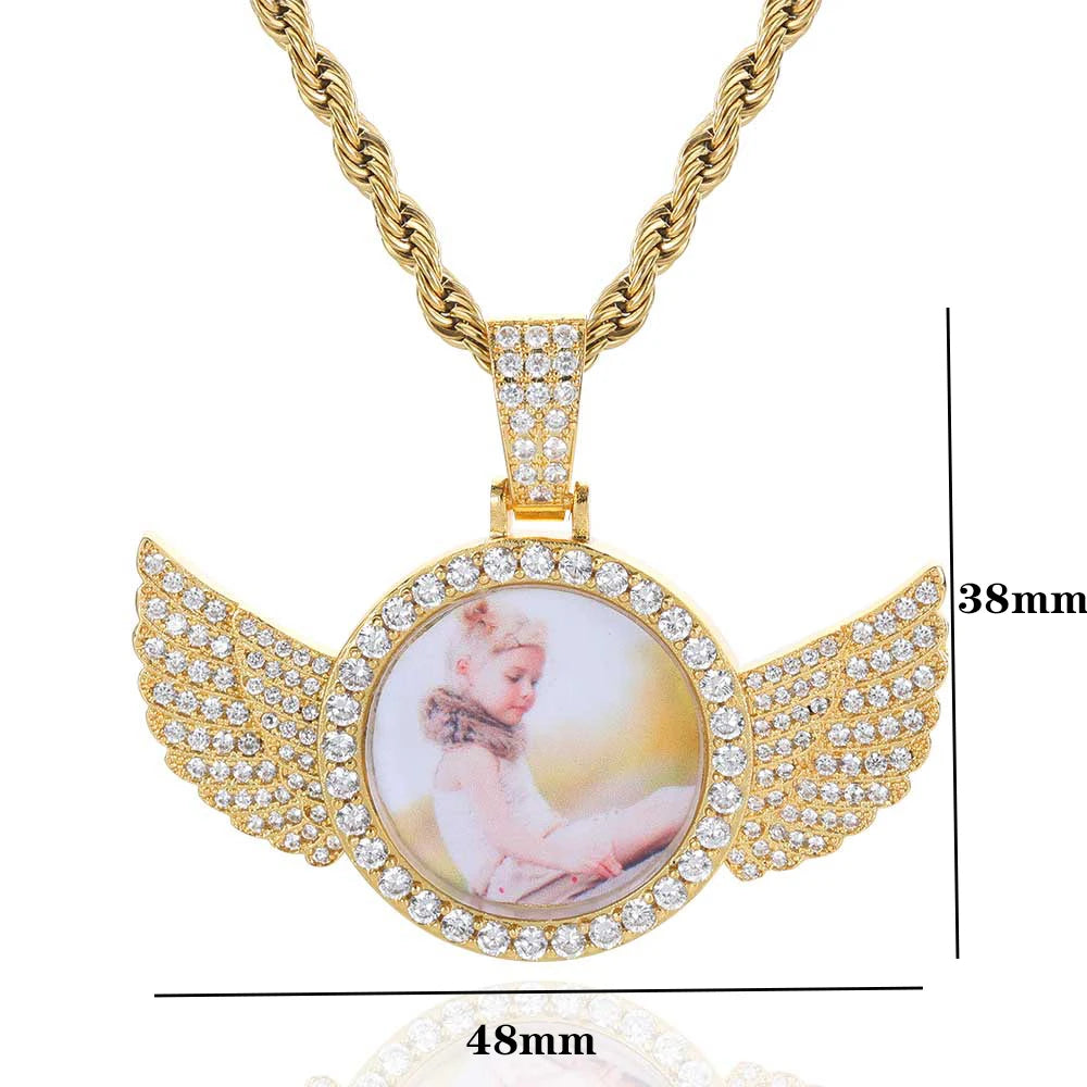 Angel Wing Photo Pendant Necklace Iced Out CZ
