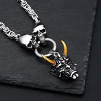 Gold Ox Horn Bodhi Demon Tooth Pendant Stainless Steel Double Skull Byzantine Necklace Hiphop Skull Demon Mask Necklace Gift