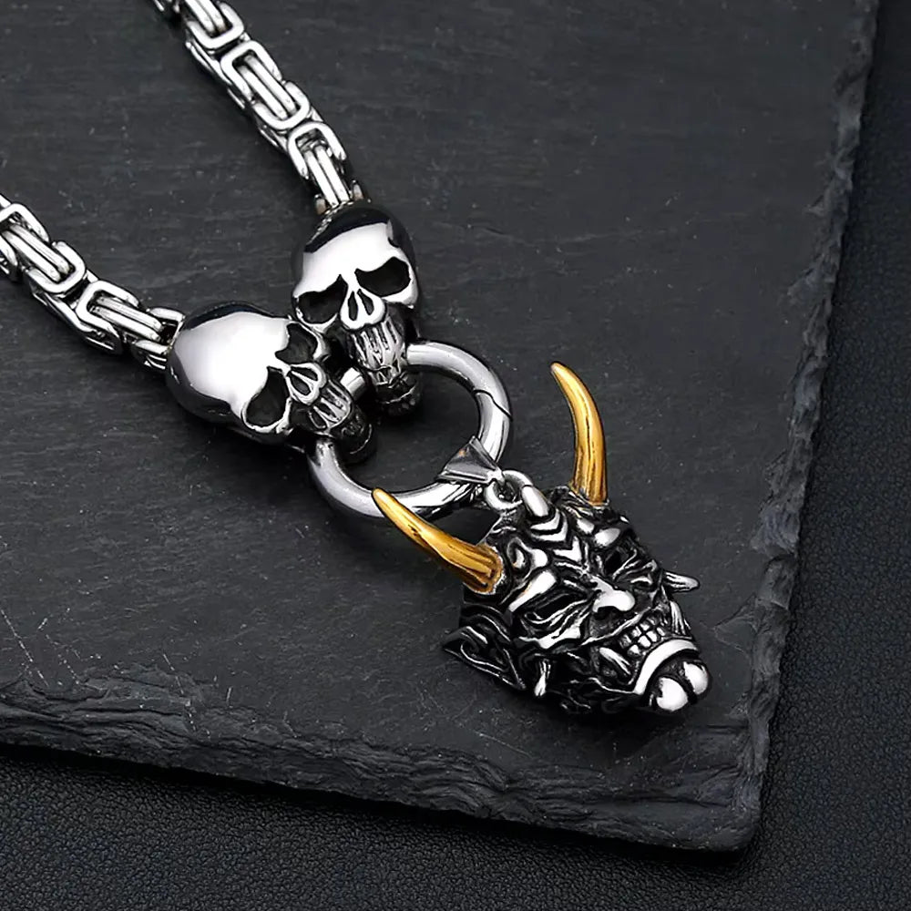 Gold Ox Horn Bodhi Demon Tooth Pendant Stainless Steel Double Skull Byzantine Necklace Hiphop Skull Demon Mask Necklace Gift