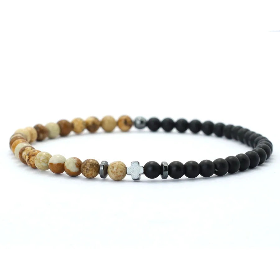 Bicolor Natural Stone 4mm Beaded Bracelet for Men — Elastic