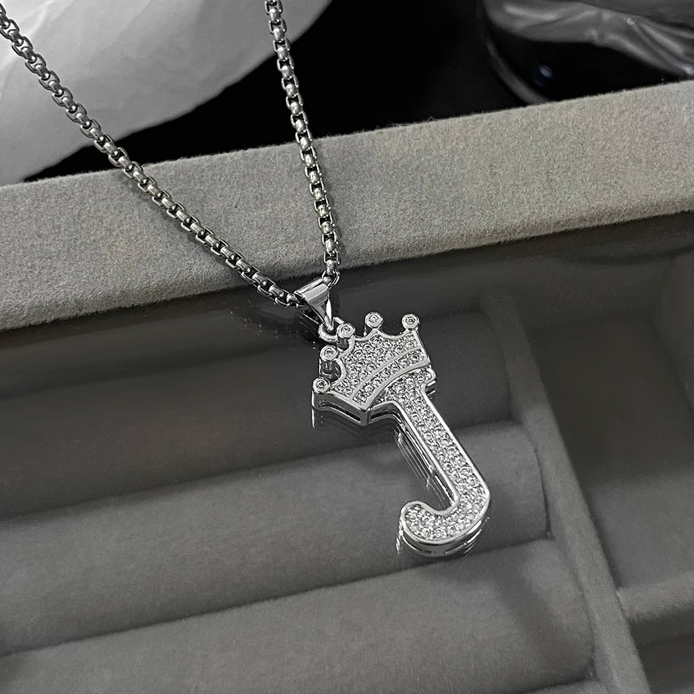 Freetry 26 Letters A-Z Zircon Crown Pendant Necklace for Women Men Punk Initial Alphabet Necklaces Hip Hop Choker Chain