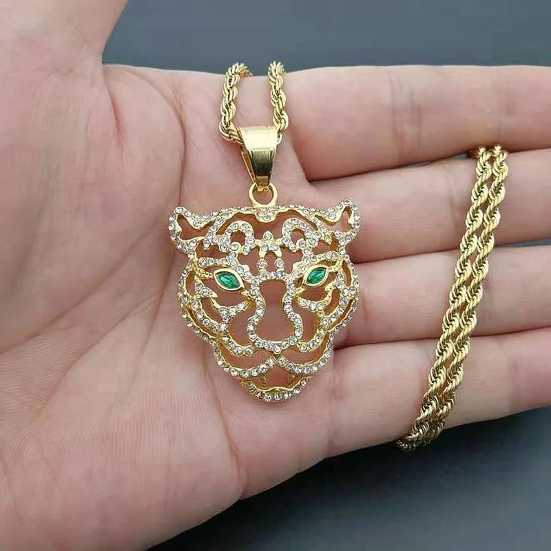 Men's Fashion Titanium Steel Plated Rhinestone Green Eyes Hollow Tiger Head Pendant Necklace Punk Hip Hop Personality