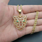 Men's Fashion Titanium Steel Plated Rhinestone Green Eyes Hollow Tiger Head Pendant Necklace Punk Hip Hop Personality