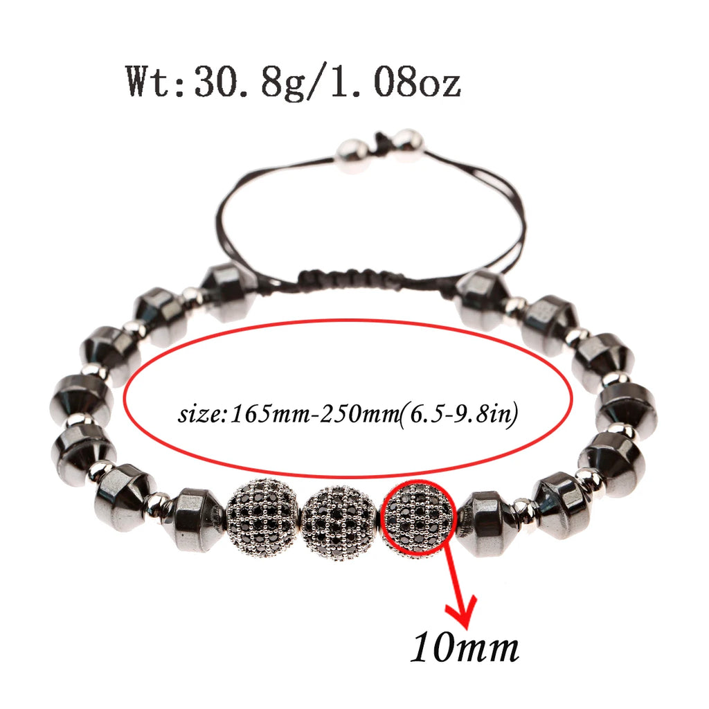 Luxury Micro Pave CZ 8mm Disco Charm Men Bracelet Classic Hematite Beaded Woven Bracelets Bileklik Women Jewelry