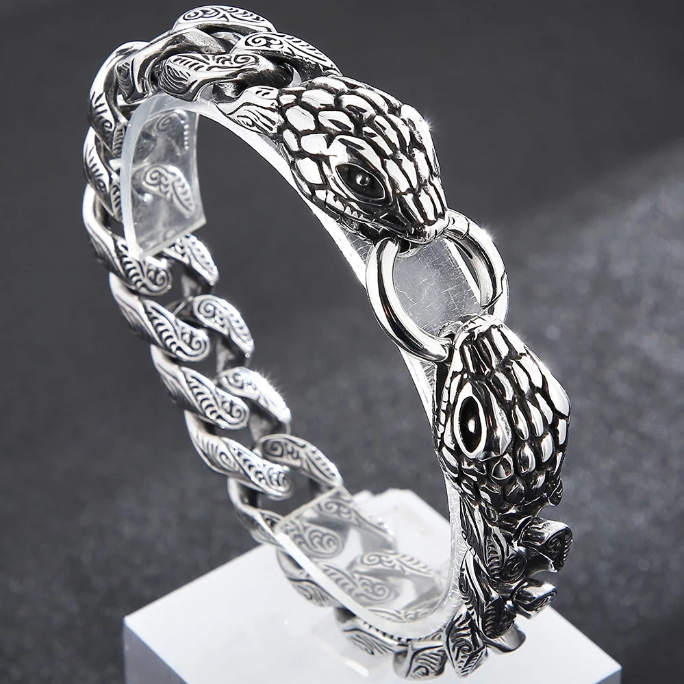 Cool Men's Snake Head Bracelet for Man Male Arm Rings Vintage 15MM Stainless Steel Curb Link Chain Bikers' Jewelry