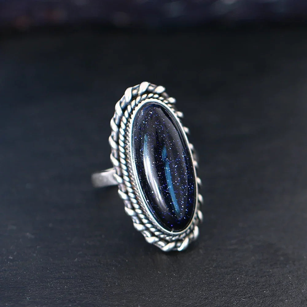 Retro Silver Ring Jewelry Vintage Blue Sandstone Large Stone Luxury Elegant Ring Fine Gift Rings for Women Men