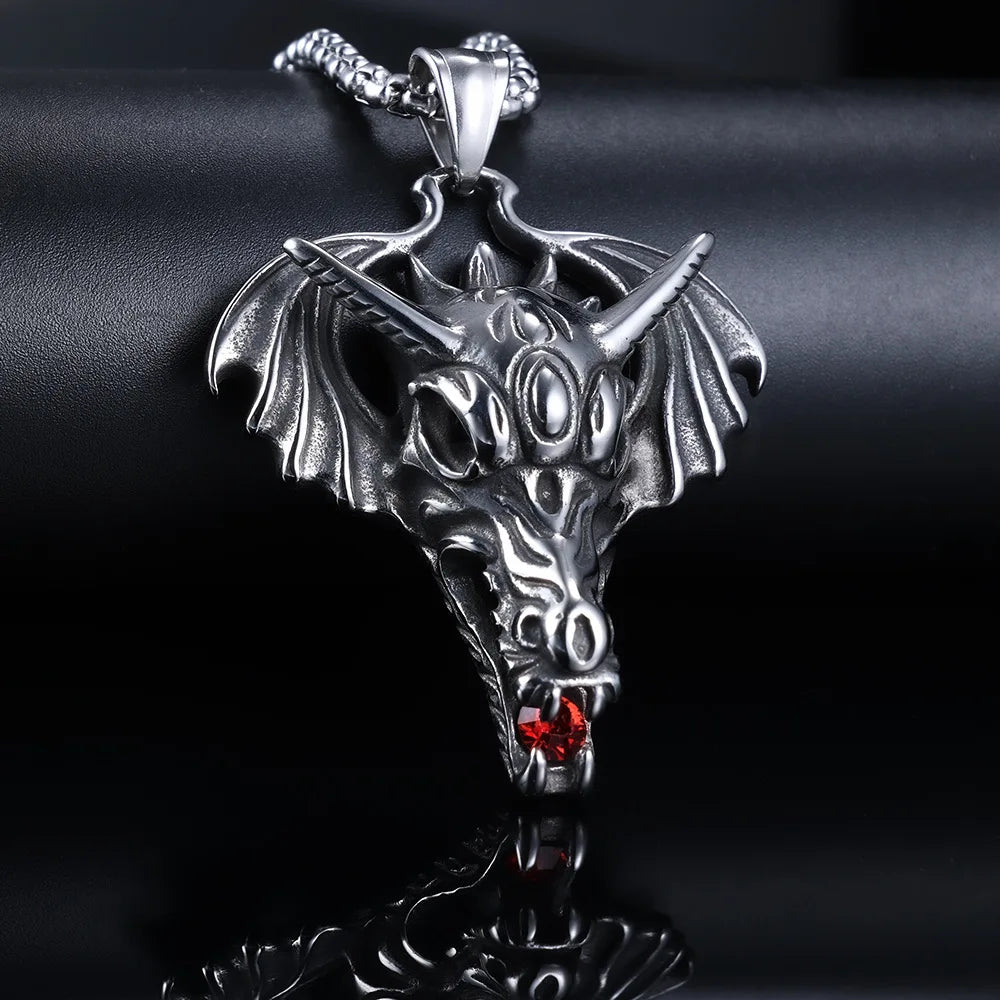 New Personality Trend Necklace Red Drill Wing Dragon Head Style Pendant Stainless Steel Titanium Steel Men's Holiday