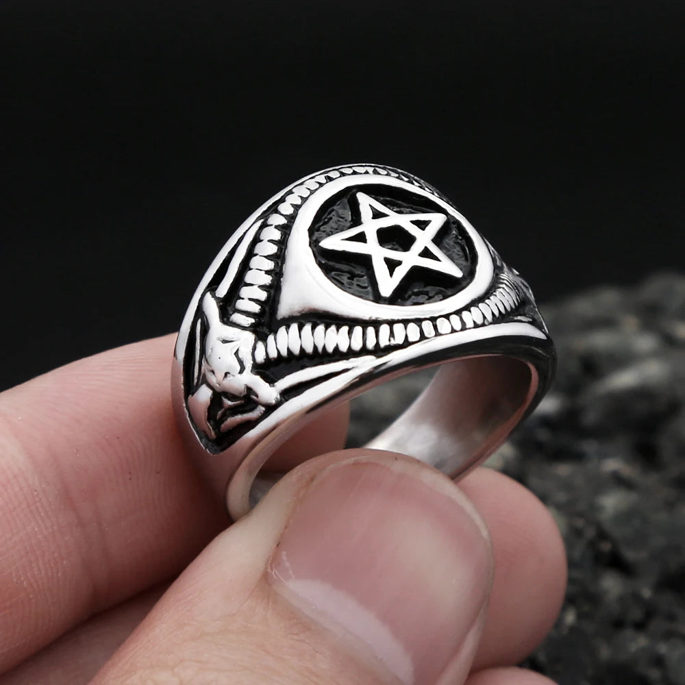 Vintage Fashion Stainless Steel Pentagram Rings For Men Women Gothic Biker Goat Devil Demon Ring Party Jewelry Gifts Wholesale