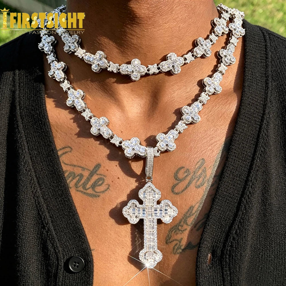 2025 New Iced Out Cross Necklace for Men Women Bling Silver Color Cubic Zirconia Charm Star Link Chain Hip Hop Jewelry