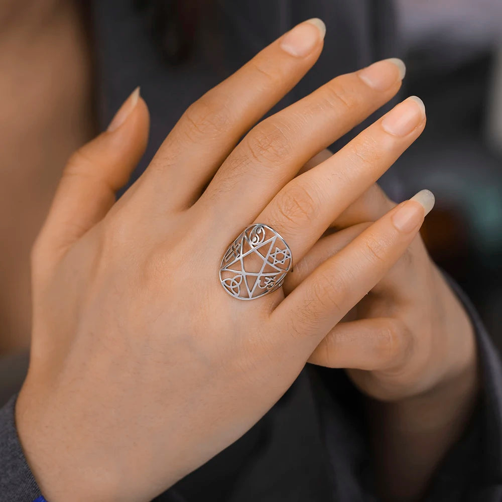 Dawapara Pentagram Adjustable Ring for Men Women Triquetra Cross Star OM Symbol Religious Gift Stainless Steel Jewelry