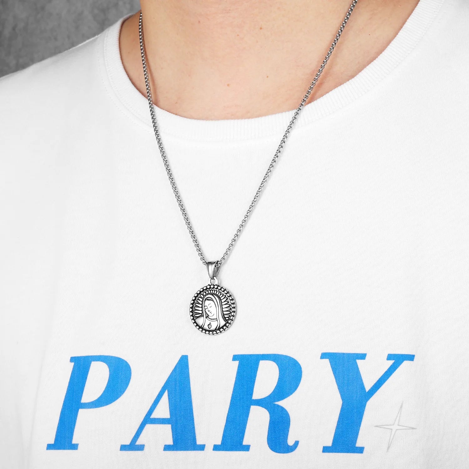 Virgin Mary Pendant Necklace Stainless Steel Vintage