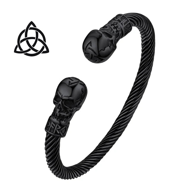 U7 Stainless Steel 6mm Wide Twristed Cable Open Bangle Cuff for Man Skull Dragon Long Charm End Rock Gothic Punk Jewelry Gift