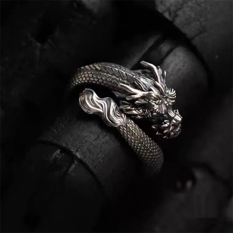 Trendy 925 Silver Ring Open Men Jewelry Vintage Carving Dragon Ring Male Index Finger Accessories