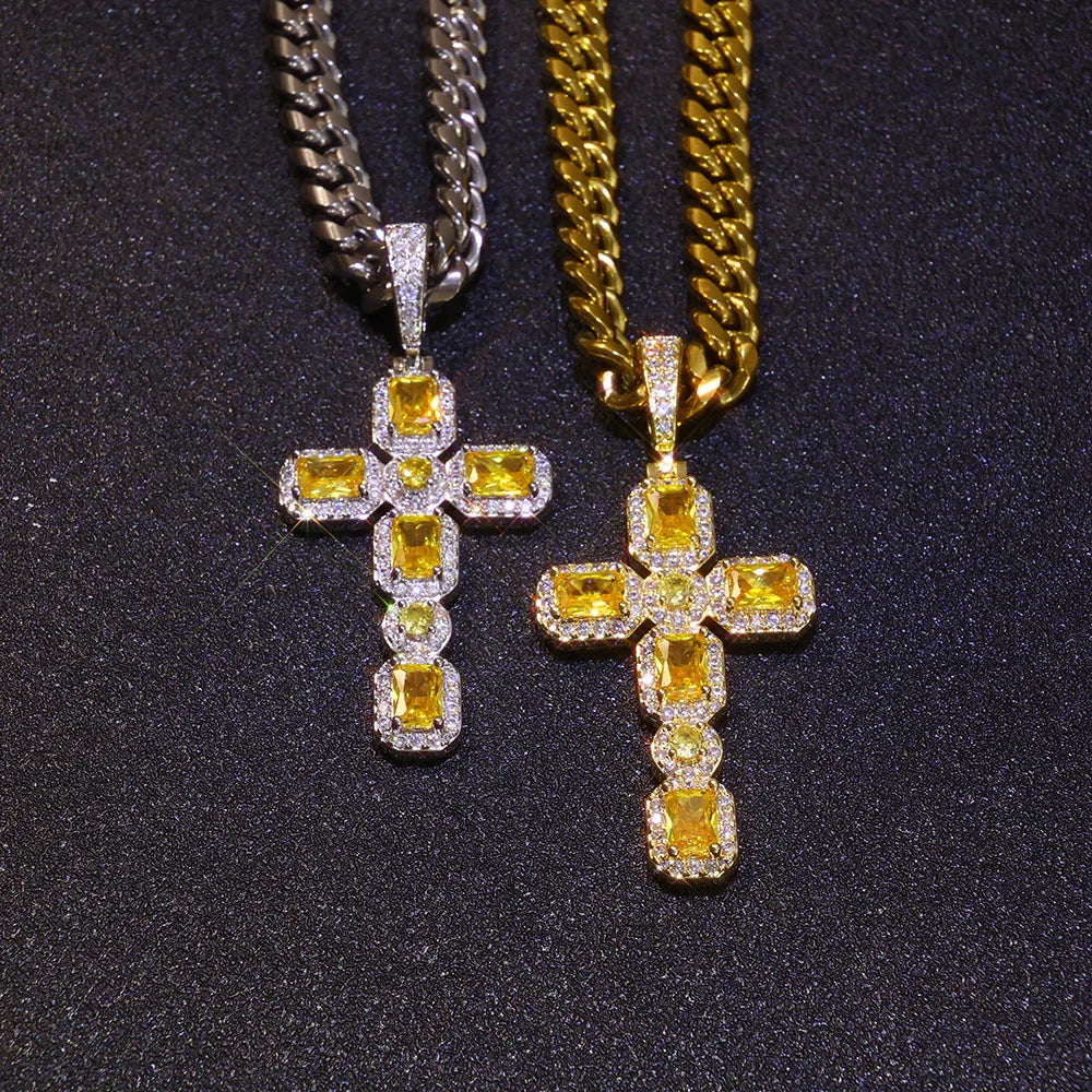 Cross Pendant Necklace Iced Out Yellow CZ