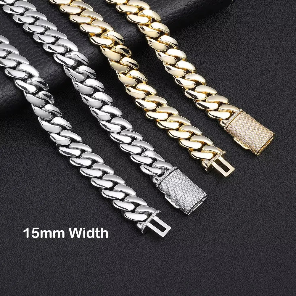 NY Hip Hop Bling Miami Cuban Link Necklace Bracelet For Men 8/12/15/20MM Brass Zircon Fashion Jewelry Party Gift