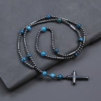 Black Hematite Blue Stone Cross Pendant Necklace — Black-Tone