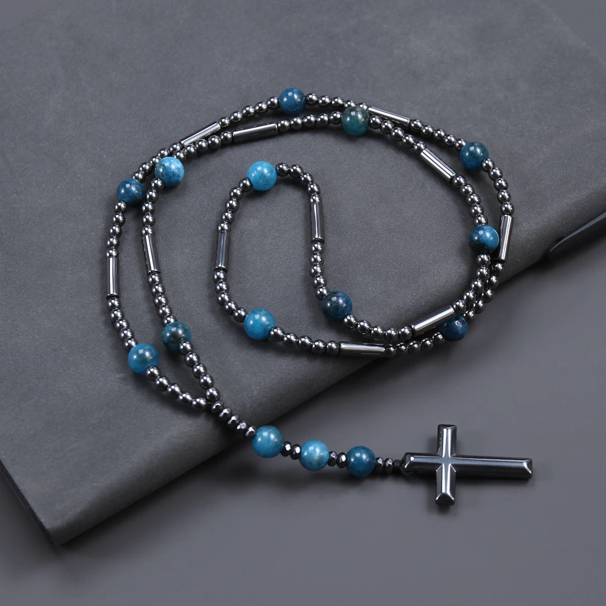 Black Hematite Blue Stone Cross Pendant Necklace — Black-Tone