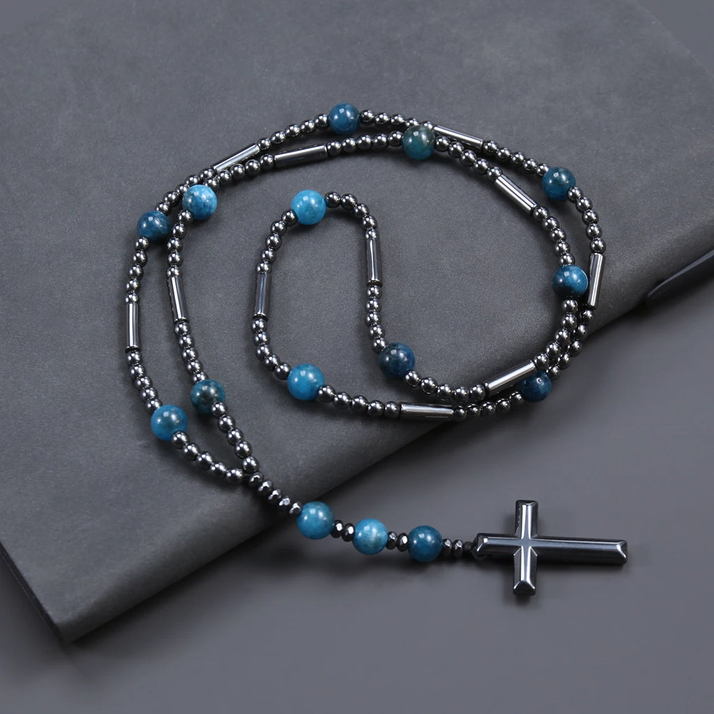 Fashion Black Hematite Beads with Blue Natural Stone Cross Pendant Necklace for Men and Womern Sweater Chain