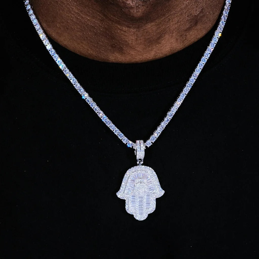 Iced Baguette Hamsa Pendant Necklace — Copper