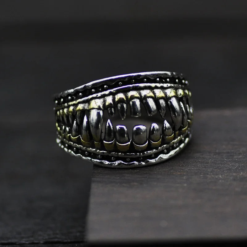 Retro Devil Teeth Denture Ring For Men Punk Gothic Rock Hiphop Open Ring Designer Jewelry Biker Accessories Unisex Gift