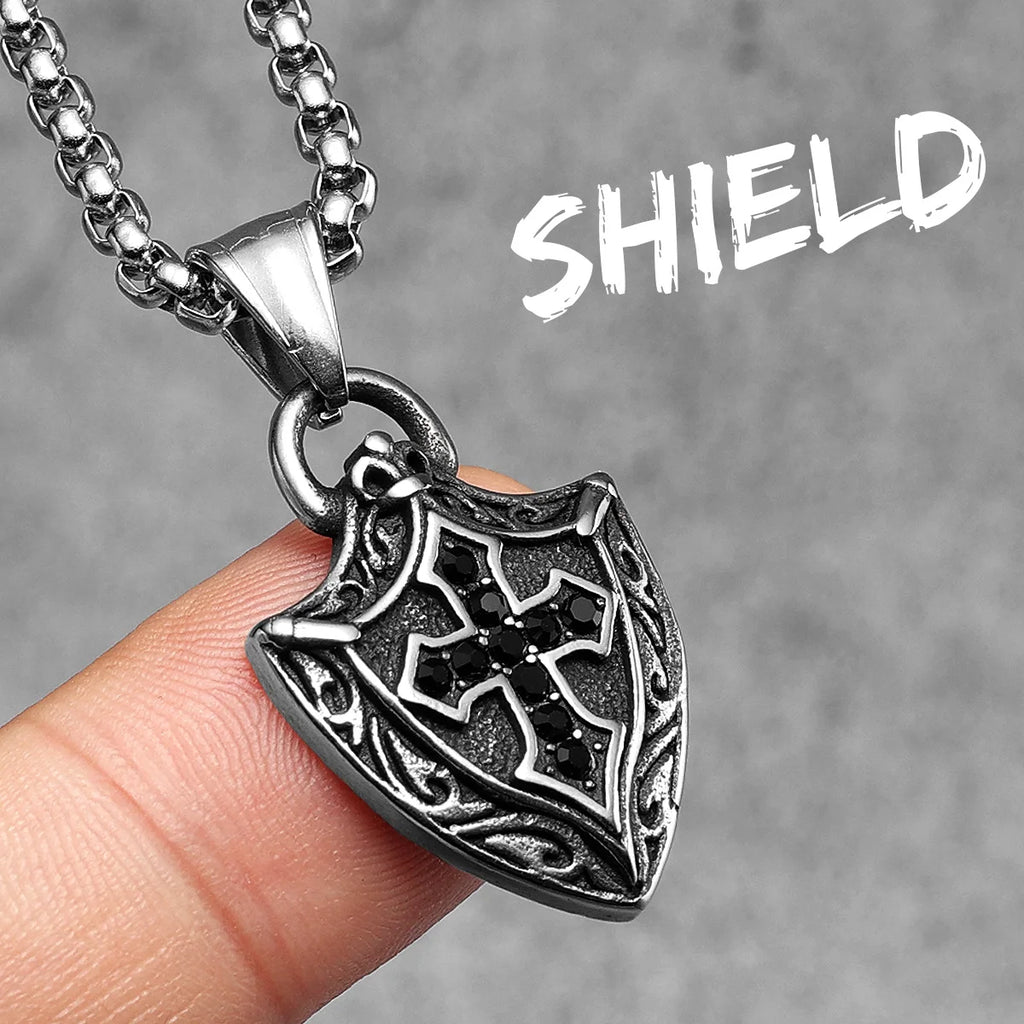 Cross Shield Gemstone Pendant — Stainless Steel