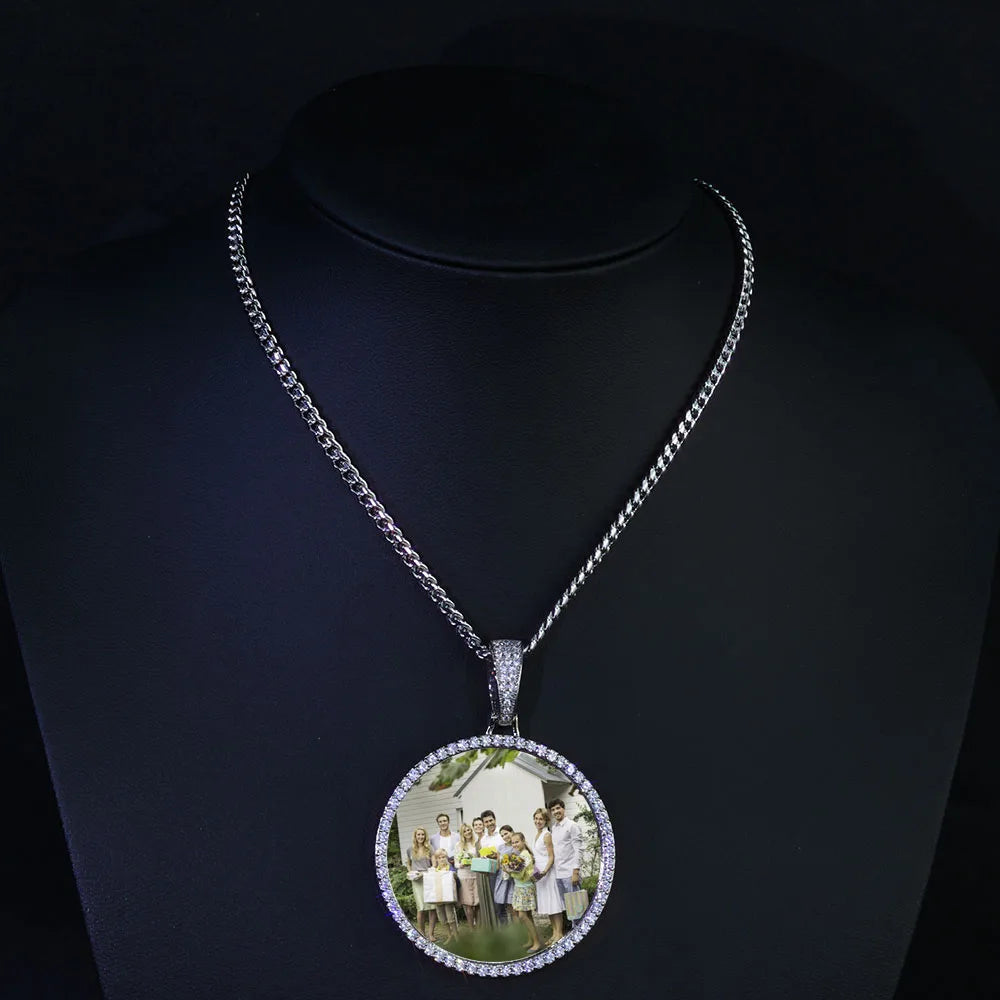 HHIOK Customized Necklaces Circle Chain Picture Personalized Diamond Memory Pendant with Photo Wing Design Gift for Men