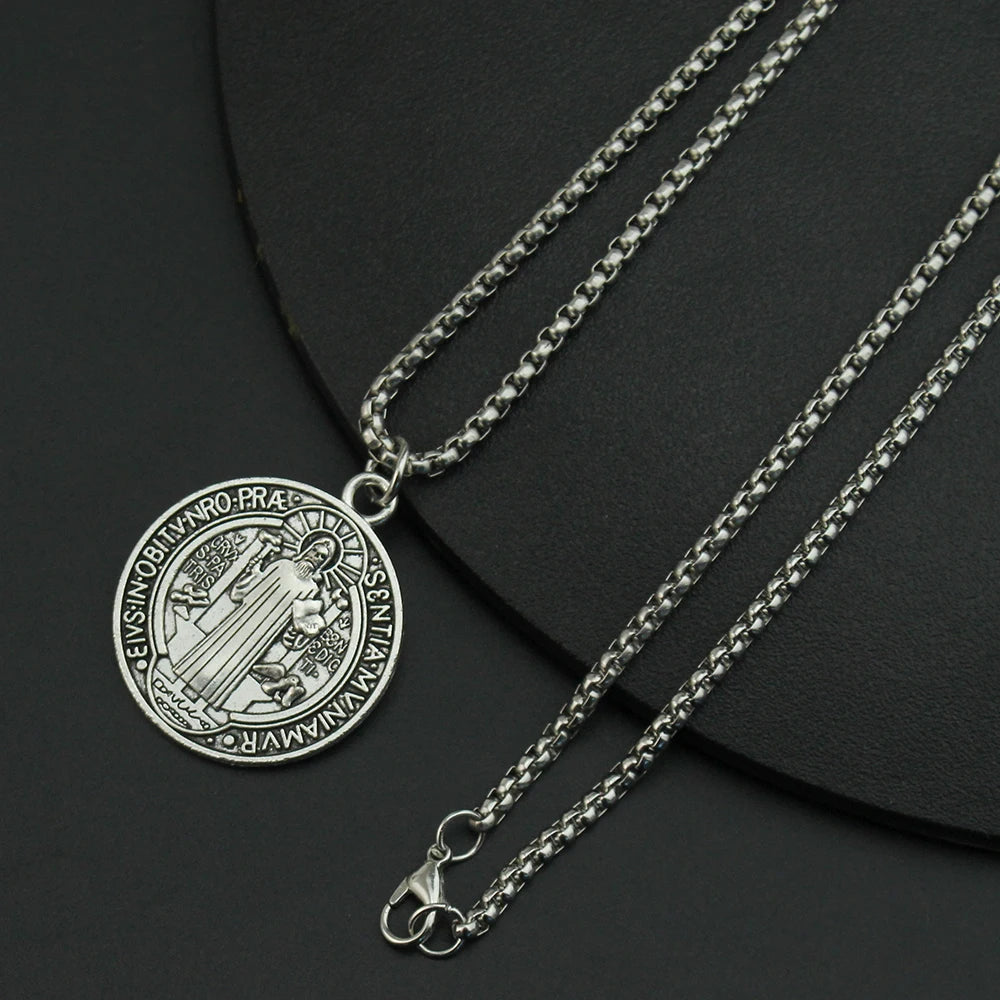 Saint Medal & Jesus Cross Pendant Necklace — Stainless Steel