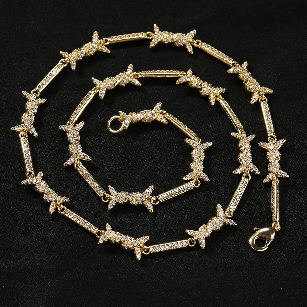 THE BLING KING 3mm Thin Iced Barbed Wire Necklace Micro Paved Cubic Zirconia Punk Twist Spiked Thorns Charm Link Chain Choker