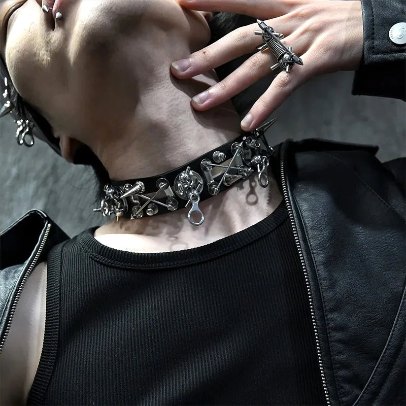 2025 New Punk Necklace Rivets Leather Metal Hip Hop Rock Cool Unisex Choker Neck Accessories for Women Men Jewelry