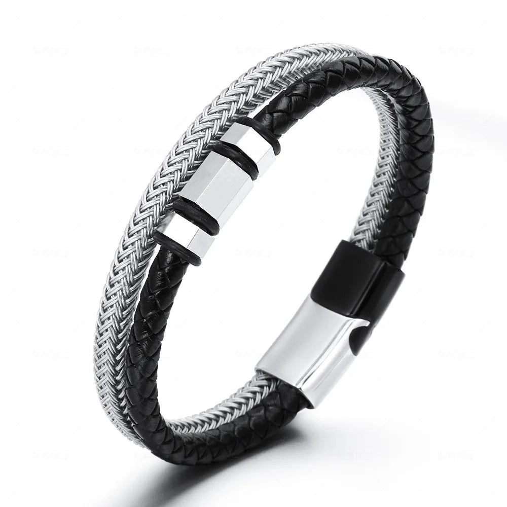 Simple Braided Wire Bracelet for Men — Black and White Color