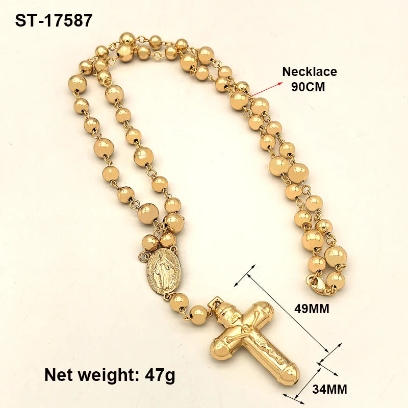 Rosary Cross Pendant Necklace Long Link Chain 90cm — Gold-Tone