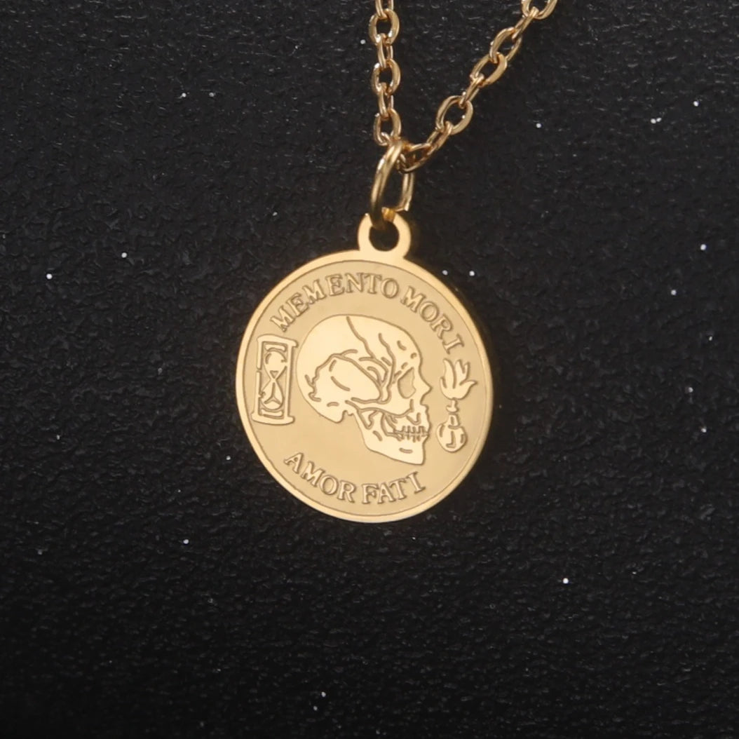 “Memento Mori-Amor Fati”Necklace Fashion Goth Punk Skeleton Stainless Steel Engraving Pendant Necklace Jewelry Christmas Gifts