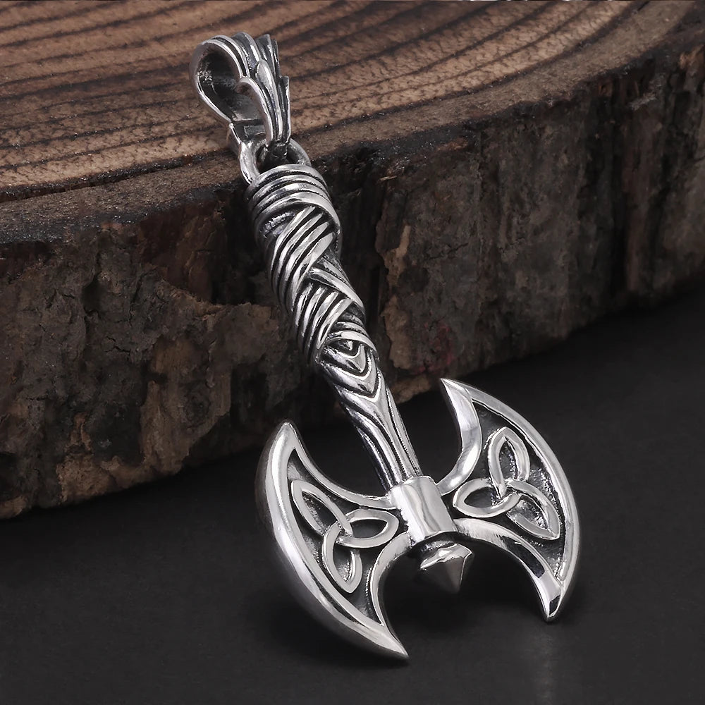 Viking Double Axe Silver Warrior Pendant Necklace