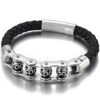 Rotatable Relieve Stress Skull Head Beads Bracelets for Man Punk Gothic Stainless Steel & Leather Motorcycle Biker