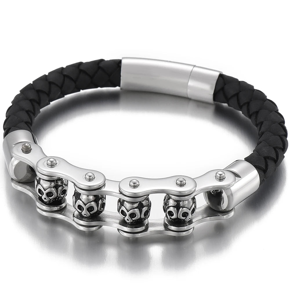 Rotatable Relieve Stress Skull Head Beads Bracelets for Man Punk Gothic Stainless Steel & Leather Motorcycle Biker