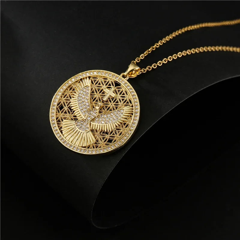 Flower of Life Eagle Cross Round Pendant Necklace — Copper Alloy