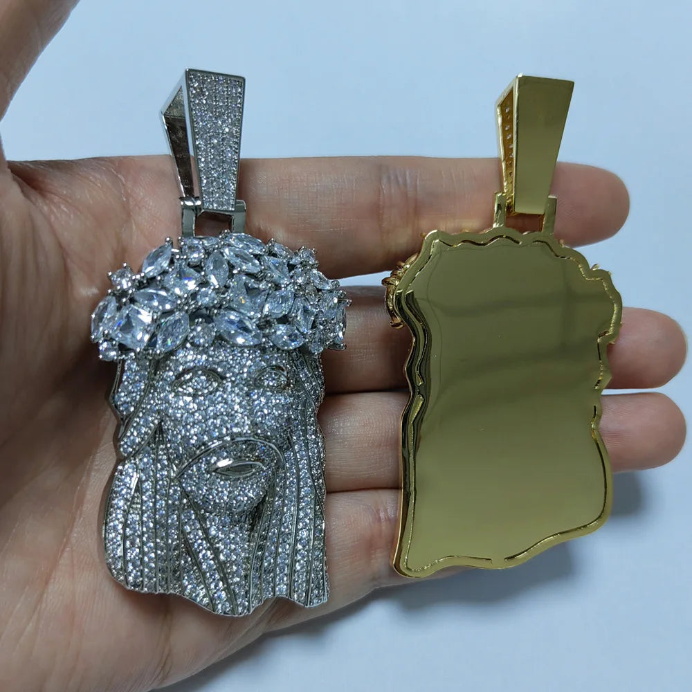 Hip Hop 5A+ CZ Stone Paved Bling Iced Out Big JESUS PIECES Pendants Necklaces for Men Rapper Jewelry with 14MM cuban