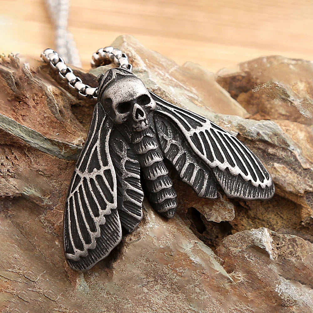 New Unique Vintage Stainless Steel Butterfly Moth Pendant Necklace For Men Punk Death Head Skull Necklaces Amulet