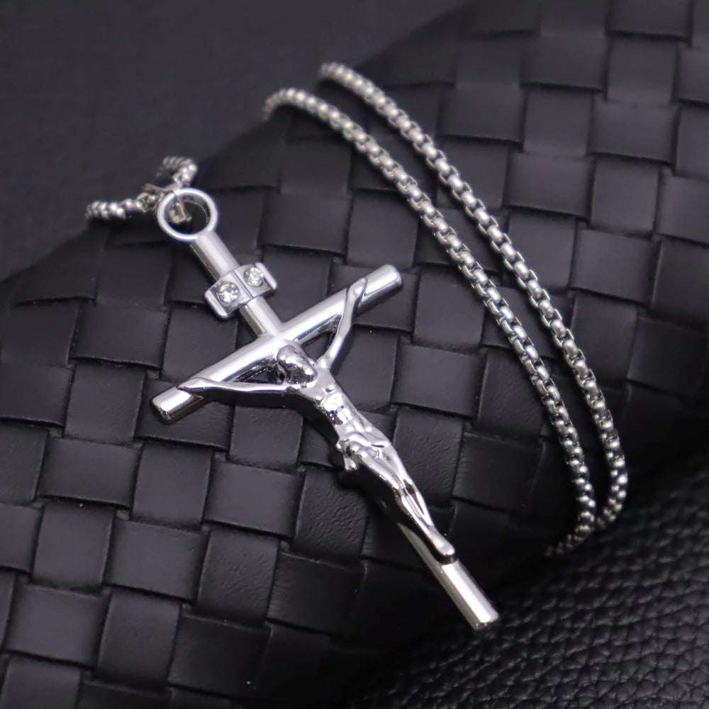 Jesus Crucifix Rhinestone Cross Necklace — Stainless Steel