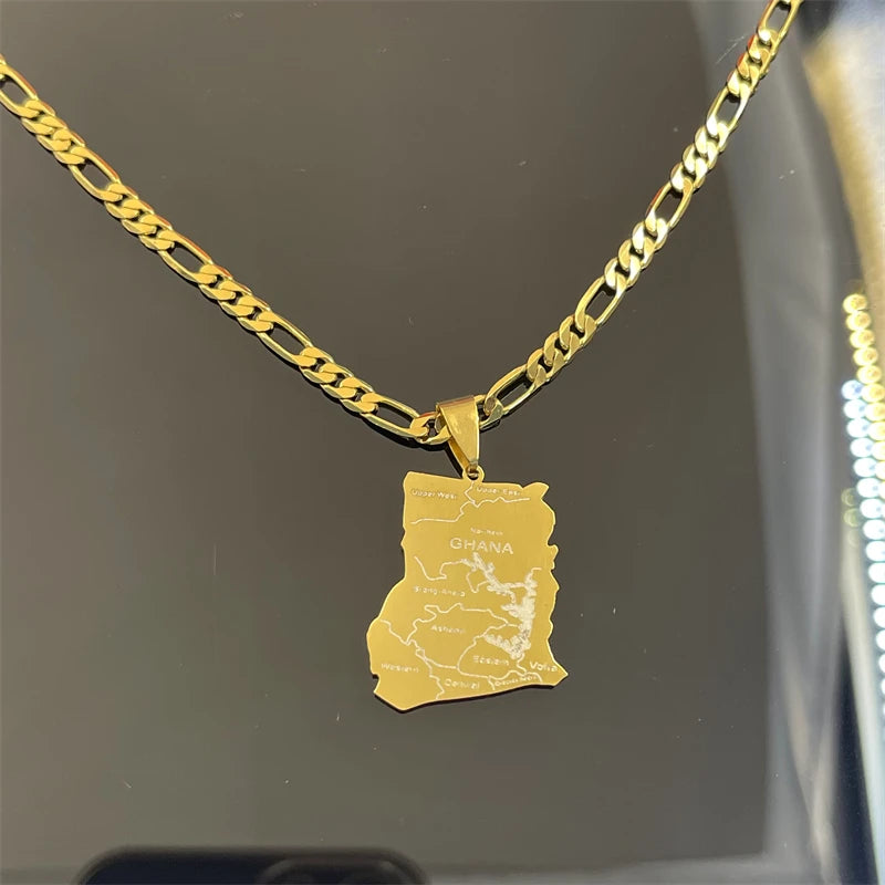 Ghana Map Pendant Necklace Laser Carved African Style — Gold-Tone