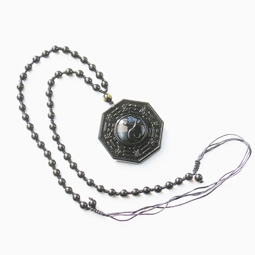 Obsidian Stone Taoism Necklace Black Pendant Chinese Tai Ji Ba Gua Octagon Long Sweater Chain Amulet Mascot Men Taoist