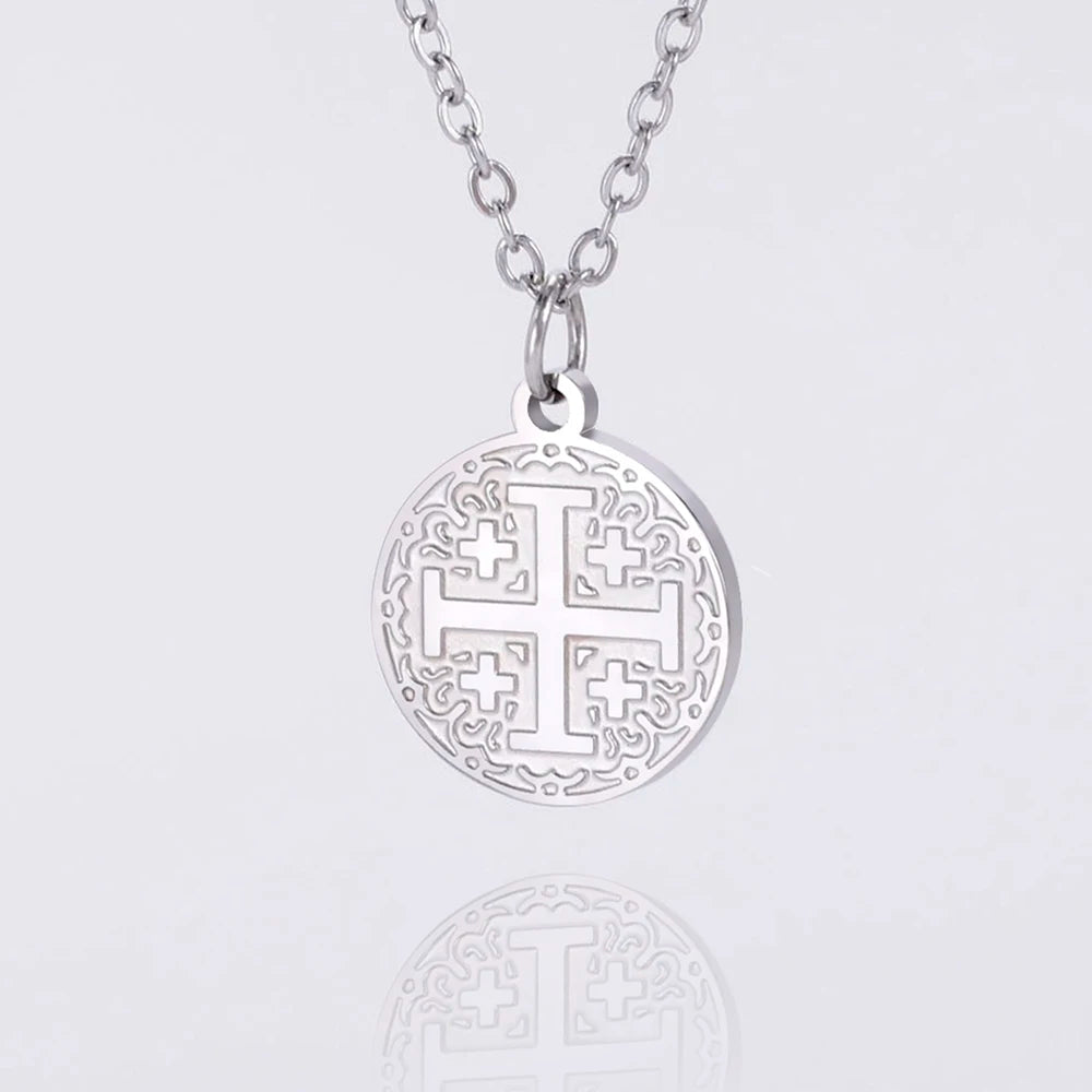 VASSAGO Religious Jerusalem Cross Charm Necklace for Women Stainless Steel Amulet Christian Catholic Vintage Jewelry