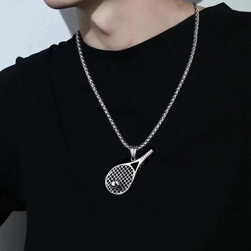 Silver Tennis Racket Pendant Necklace Stainless Steel